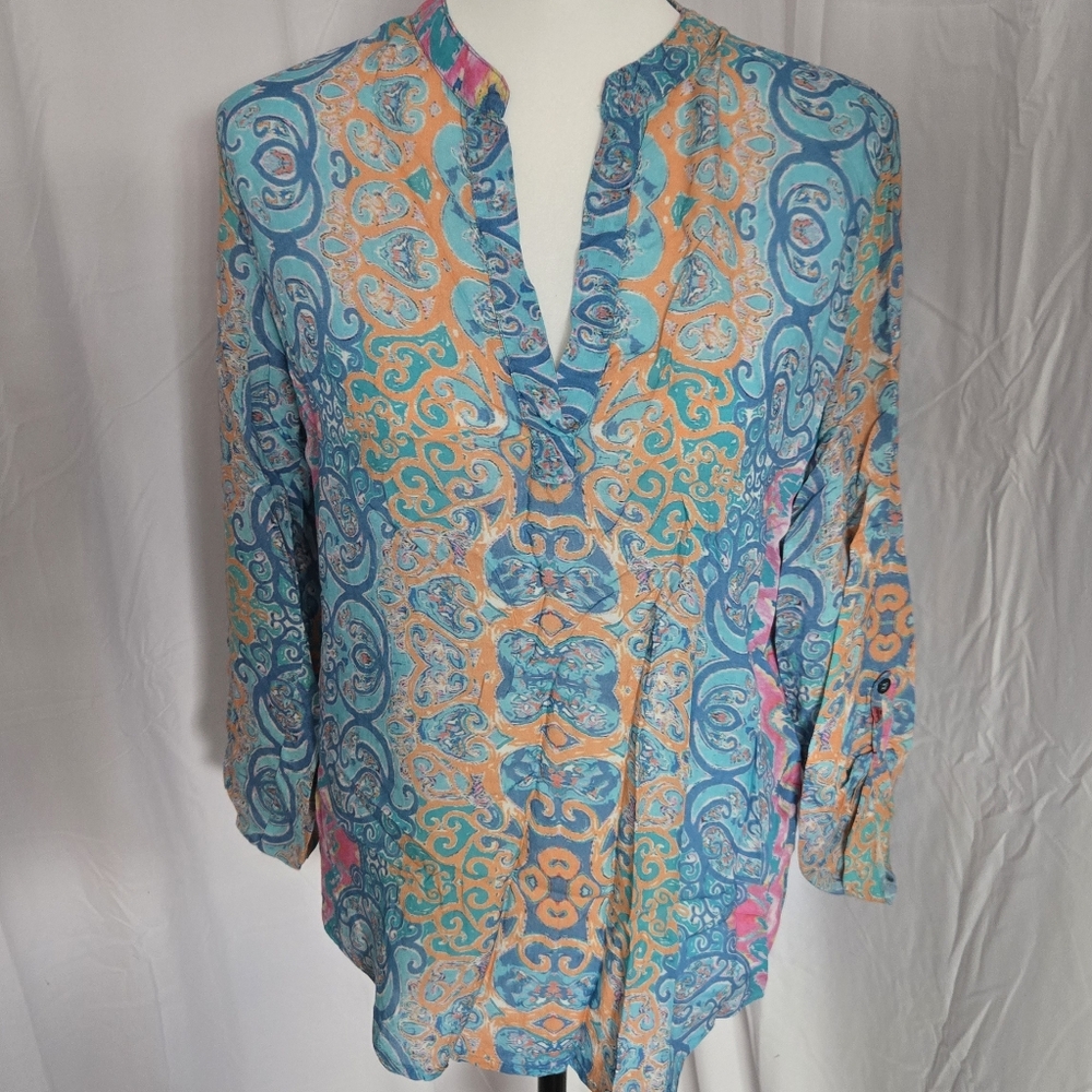 Tolani Blue and Orange Relaxed Blouse with Mandarin Collar